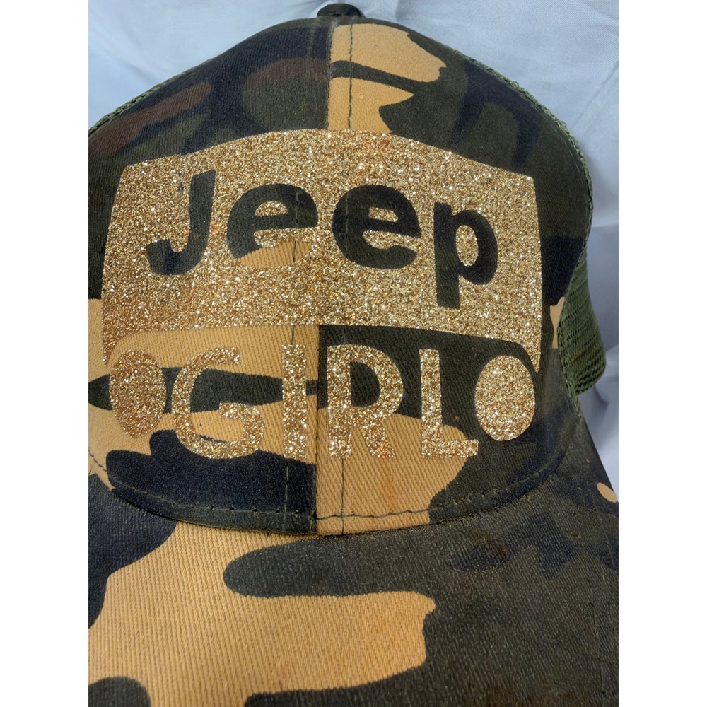 CC Jeep Girl Camo Trucker Hat Gold Glitter Mesh Back Baseball Cap Adjustable